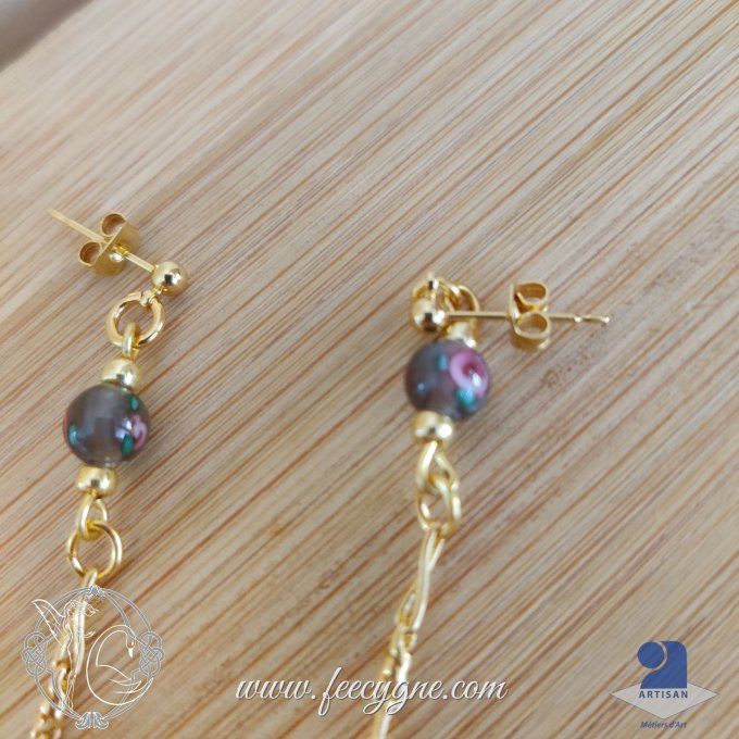 Boucles d'oreilles noeud coréen gingembre et perle de verre